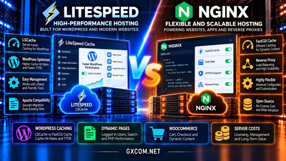 LiteSpeed vs NGINX hosting comparison showing WordPress caching, dynamic PHP performance, WooCommerce optimization and server costs