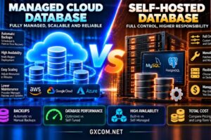 Managed cloud database vs self-hosted database comparison showing automated backups, MySQL and PostgreSQL performance, high availability and total costs