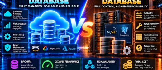 Managed cloud database vs self-hosted database comparison showing automated backups, MySQL and PostgreSQL performance, high availability and total costs