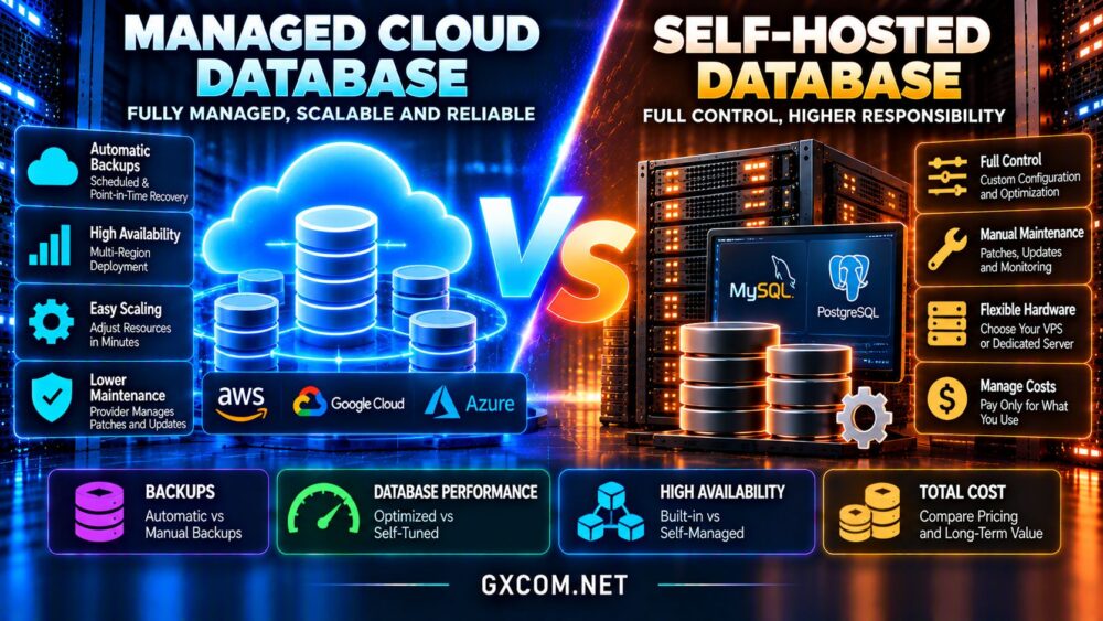 Managed cloud database vs self-hosted database comparison showing automated backups, MySQL and PostgreSQL performance, high availability and total costs