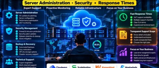 Managed cloud hosting support comparison covering server administration, security updates, backups, technical support response times and service-level agreements
