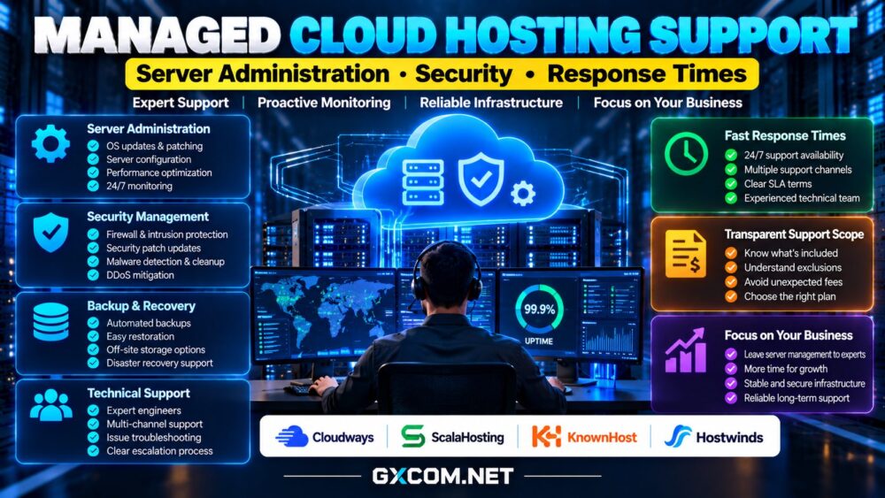 Managed cloud hosting support comparison covering server administration, security updates, backups, technical support response times and service-level agreements