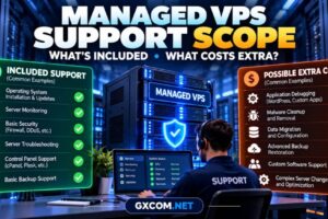 Managed VPS support scope comparison showing included services, backups, security and extra technical support fees