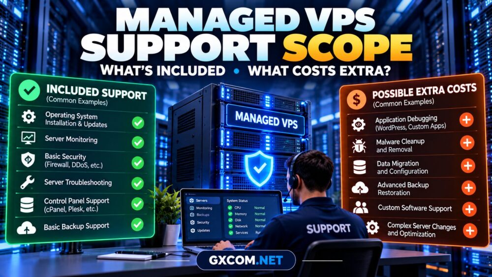 Managed VPS support scope comparison showing included services, backups, security and extra technical support fees