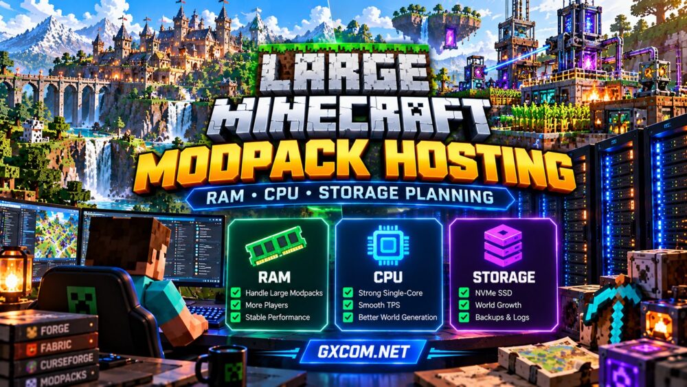 Minecraft server hosting for large modpacks showing RAM, CPU and NVMe storage planning for modded multiplayer servers