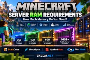 Minecraft server RAM requirements comparison showing 2GB, 4GB, 8GB and 16GB memory for Java, Bedrock and modded servers