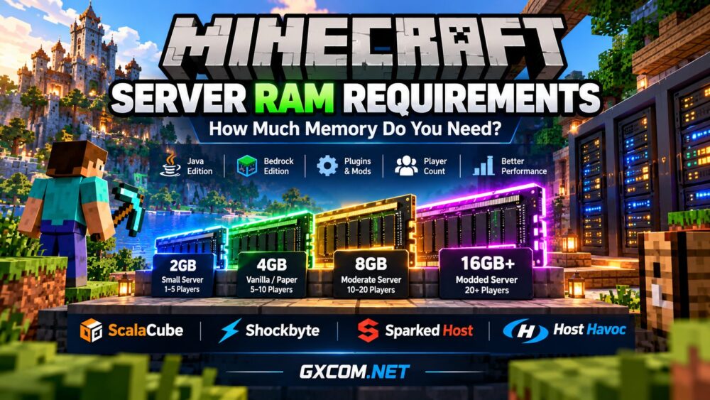 Minecraft server RAM requirements comparison showing 2GB, 4GB, 8GB and 16GB memory for Java, Bedrock and modded servers