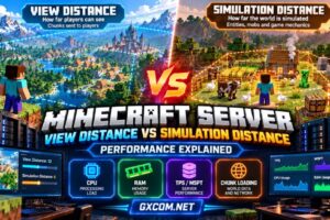 Minecraft view distance vs simulation distance comparison showing chunk loading, active simulation areas, TPS and server performance