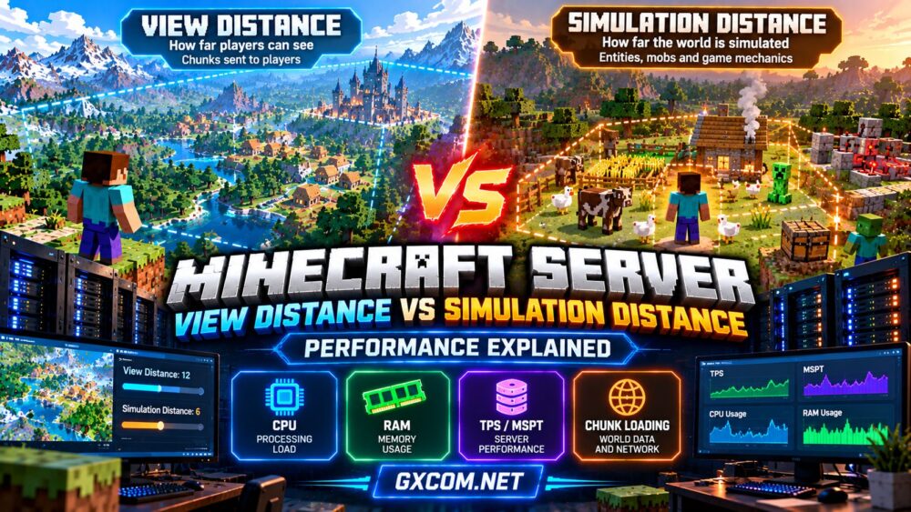Minecraft view distance vs simulation distance comparison showing chunk loading, active simulation areas, TPS and server performance
