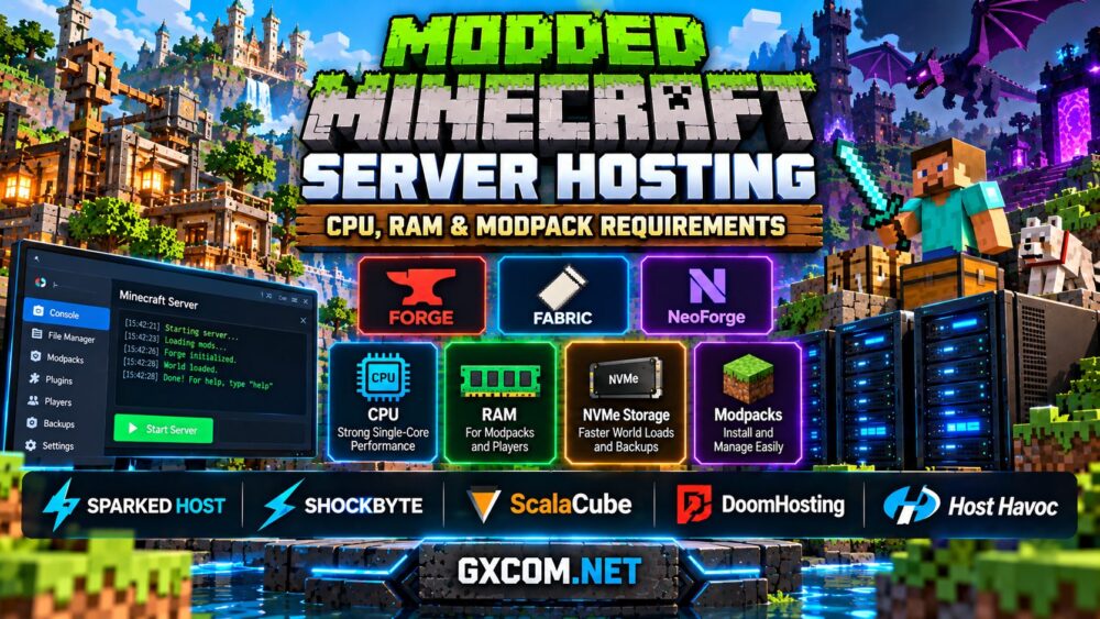 《我的世界》模组服务器托管对比，展示CPU、内存、NVMe存储、Forge、Fabric、NeoForge及模组包的要求