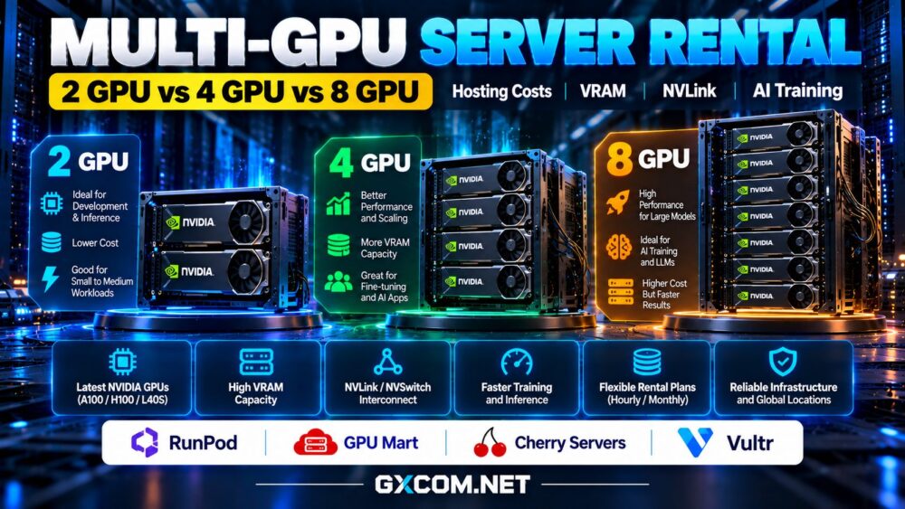 2-GPU、4-GPU 和 8-GPU 多GPU服务器租赁的对比分析:托管成本、VRAM容量、GPU互连及AI训练性能