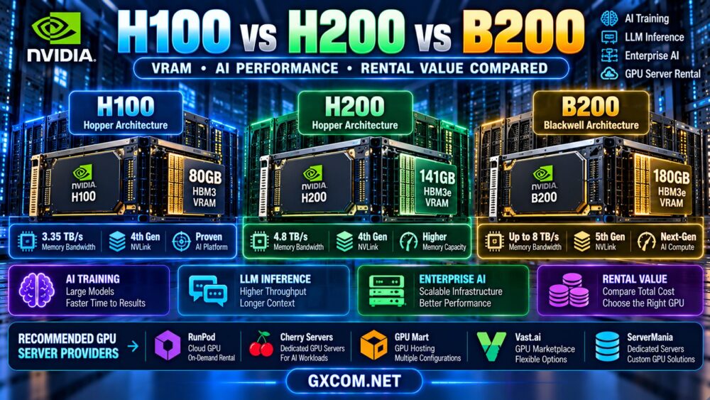 NVIDIA H100、H200 与 B200 服务器对比：VRAM、AI 性能及租赁价值分析