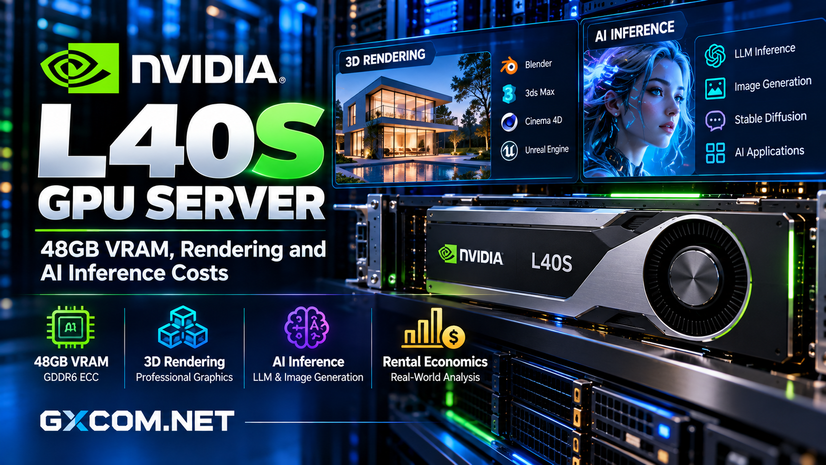 NVIDIA L40S GPU server review featuring 48GB GDDR6 ECC VRAM, 3D rendering, AI inference performance and GPU rental costs