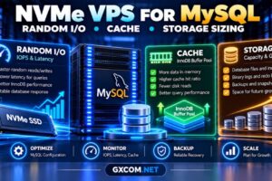 NVMe VPS for MySQL databases showing random IOPS, InnoDB buffer pool cache and database storage sizing