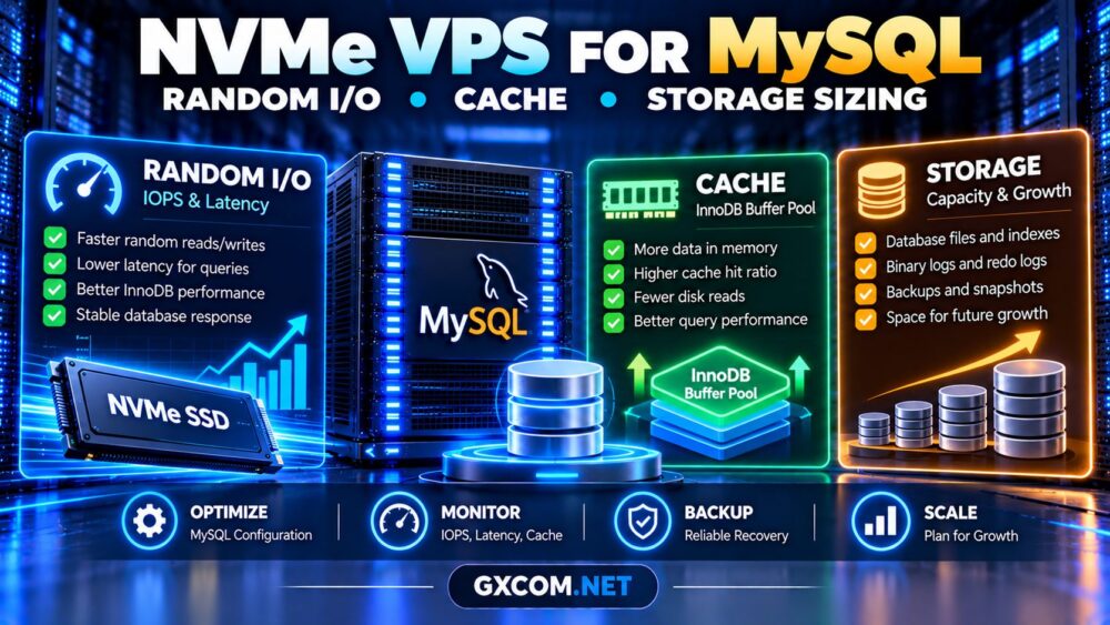 NVMe VPS for MySQL databases showing random IOPS, InnoDB buffer pool cache and database storage sizing
