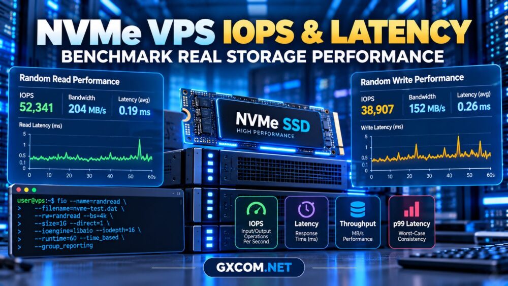 NVMe VPS IOPS and latency benchmark showing random read write performance and storage response times