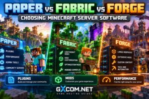Paper vs Fabric vs Forge Minecraft server software comparison showing plugins, mods and performance