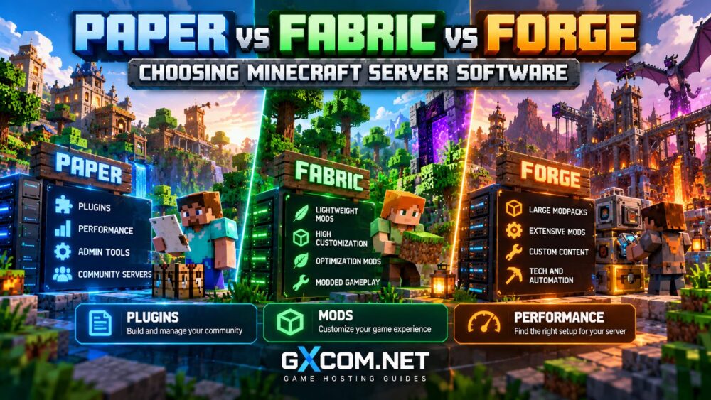 Paper vs Fabric vs Forge Minecraft server software comparison showing plugins, mods and performance