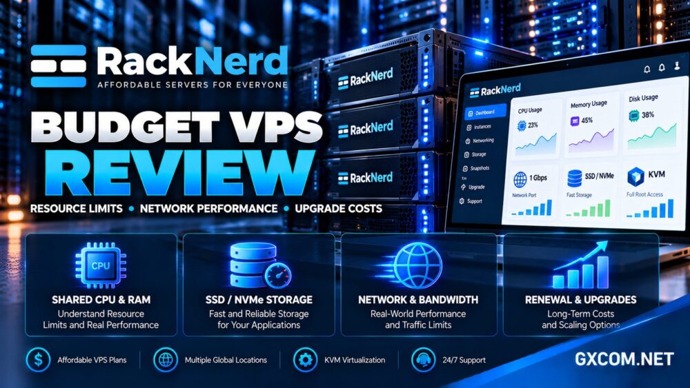 RackNerd 经济型 VPS 评测,涵盖 KVM 虚拟化、CPU 资源限制、SSD 和 NVMe 存储、网络性能以及升级费用