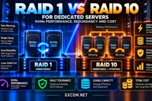 RAID 1 vs RAID 10 dedicated server comparison showing NVMe performance, mirrored drives, fault tolerance, usable capacity and storage costs