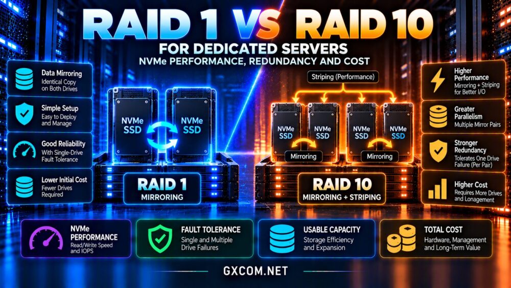 RAID 1 vs RAID 10 dedicated server comparison showing NVMe performance, mirrored drives, fault tolerance, usable capacity and storage costs