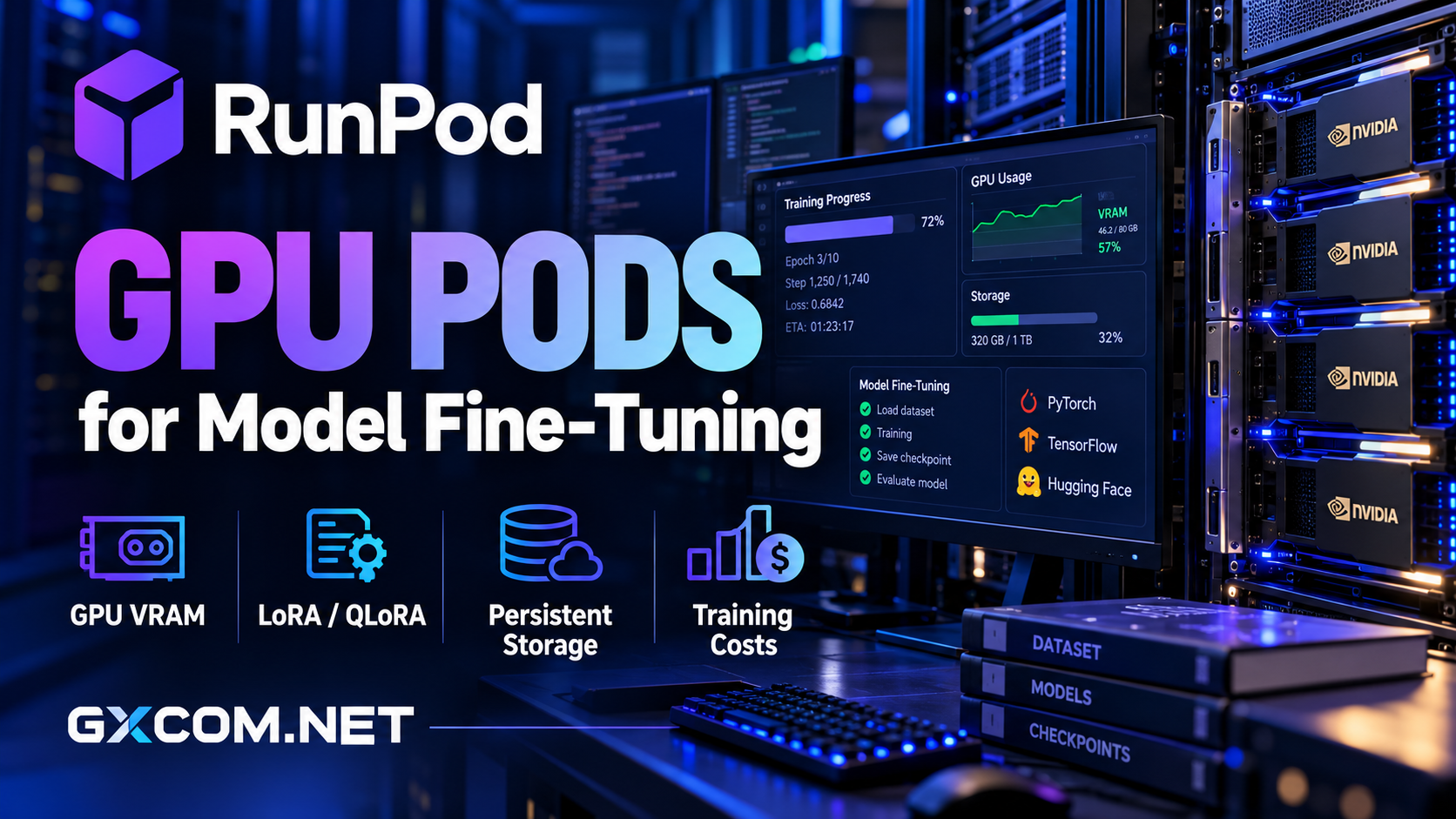 RunPod GPU Pods 用于模型微调,支持 GPU 显存、LoRA 和 QLoRA 训练、持久化存储及训练费用