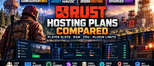 Rust hosting plans compared by player slots, RAM, CPU resources and plugin limits