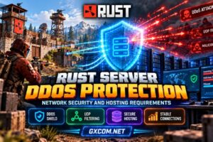 Rust 服务器 DDoS 防护示意图，展示了 UDP 流量过滤、网络安全防护盾以及受保护的游戏托管基础设施