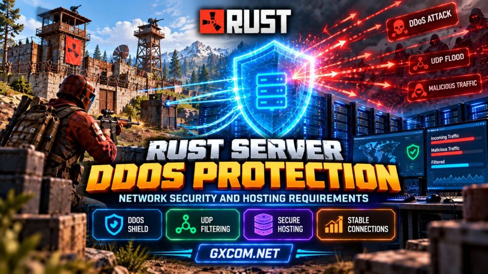 Rust 服务器 DDoS 防护示意图，展示了 UDP 流量过滤、网络安全防护盾以及受保护的游戏托管基础设施