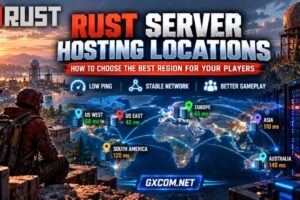 Rust server hosting locations comparison showing global server regions, network latency and low ping for multiplayer gaming
