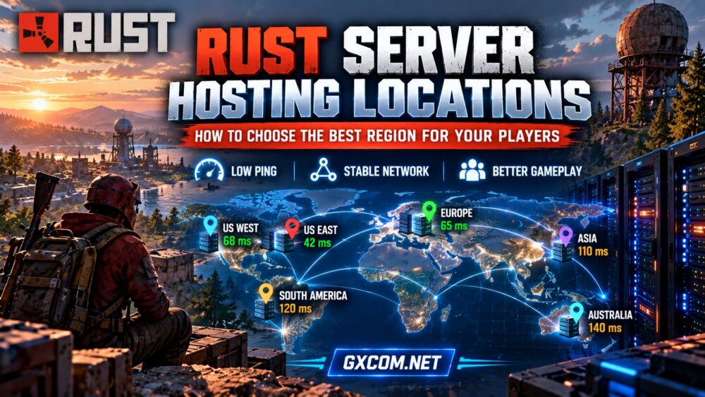 Rust server hosting locations comparison showing global server regions, network latency and low ping for multiplayer gaming