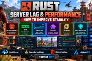 Rust 服务器延迟与性能优化，展示 CPU 使用率、内存、服务器帧率、插件、网络延迟以及专用主机稳定性