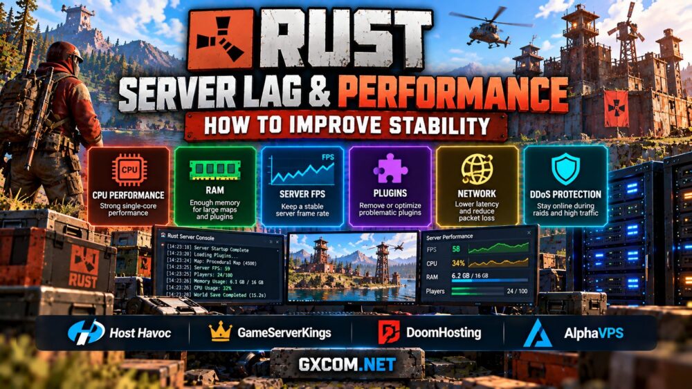 Rust server lag and performance optimization showing CPU usage, RAM, server FPS, plugins, network latency and dedicated hosting stability