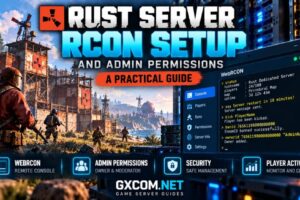 Rust server RCON setup showing WebRCON remote console, administrator permissions and secure server management