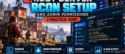 Rust server RCON setup showing WebRCON remote console, administrator permissions and secure server management