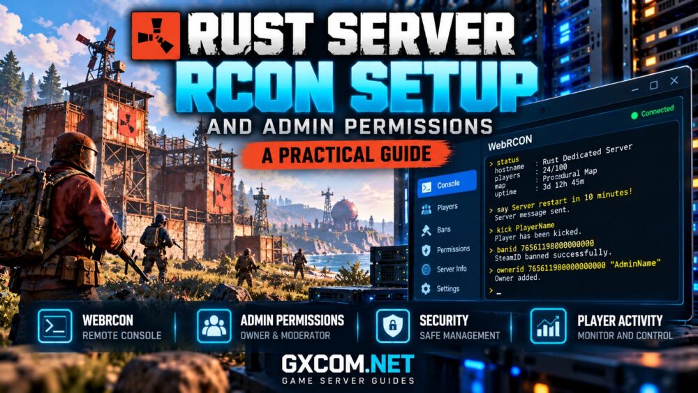 Rust 服务器 RCON 配置示例，展示 WebRCON 远程控制台、管理员权限及安全服务器管理