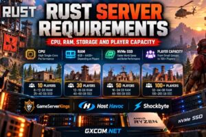 Rust server requirements comparison showing CPU, RAM, NVMe storage and player capacity for multiplayer hosting