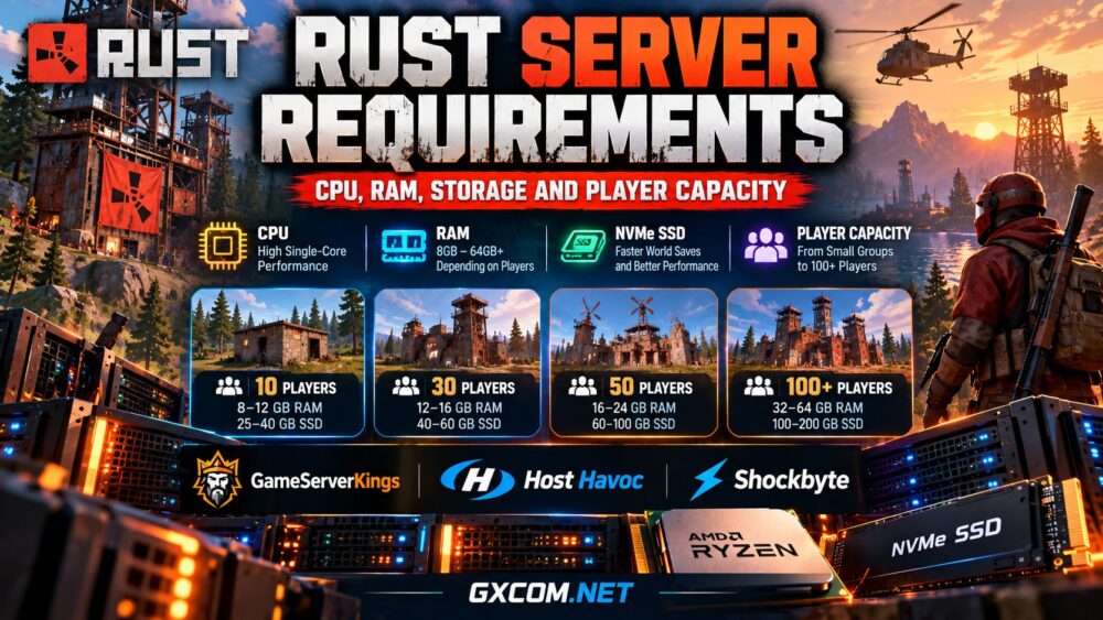 Rust server requirements comparison showing CPU, RAM, NVMe storage and player capacity for multiplayer hosting