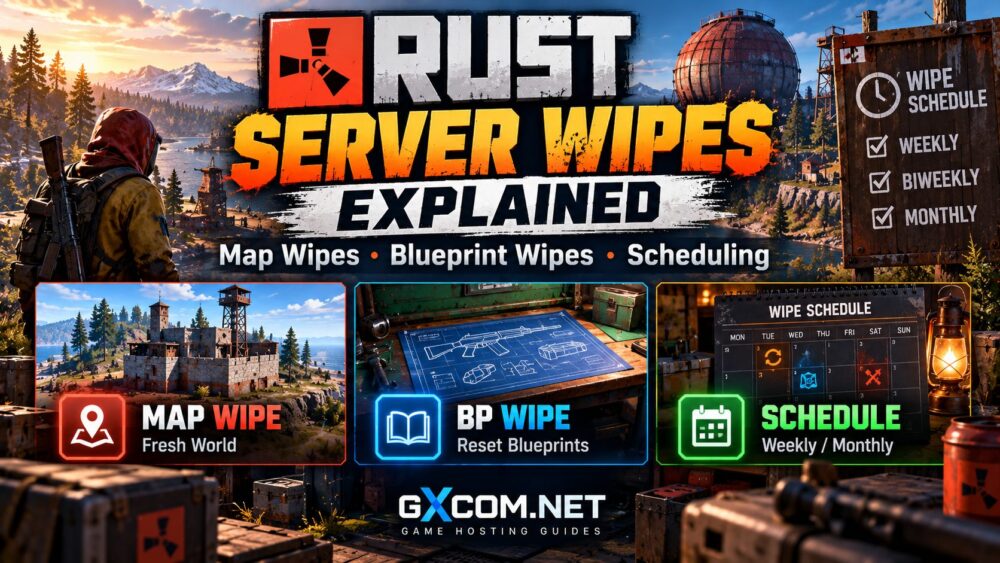 Rust server wipes explained with map wipes, blueprint wipes and weekly or monthly scheduling