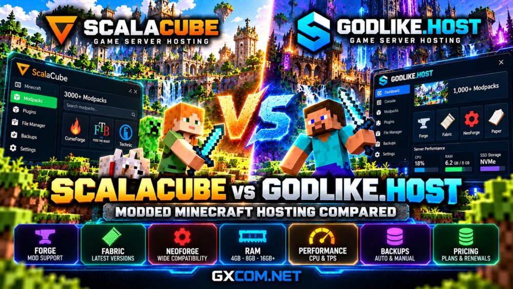ScalaCube 与 Godlike.Host 模组版《我的世界》主机对比评测：涵盖 Forge、Fabric、内存、CPU 性能、模组包及备份功能