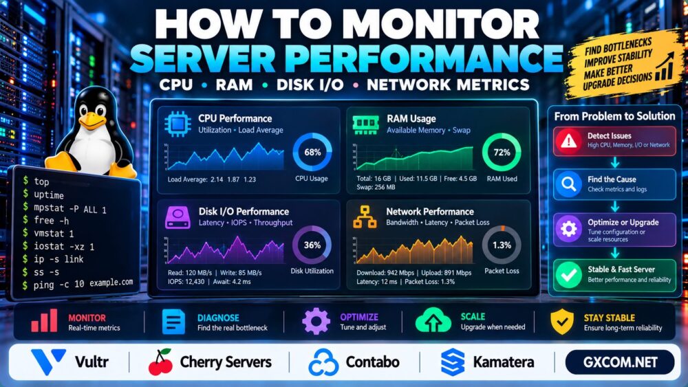如何监控服务器性能：CPU、内存、磁盘I/O和网络指标