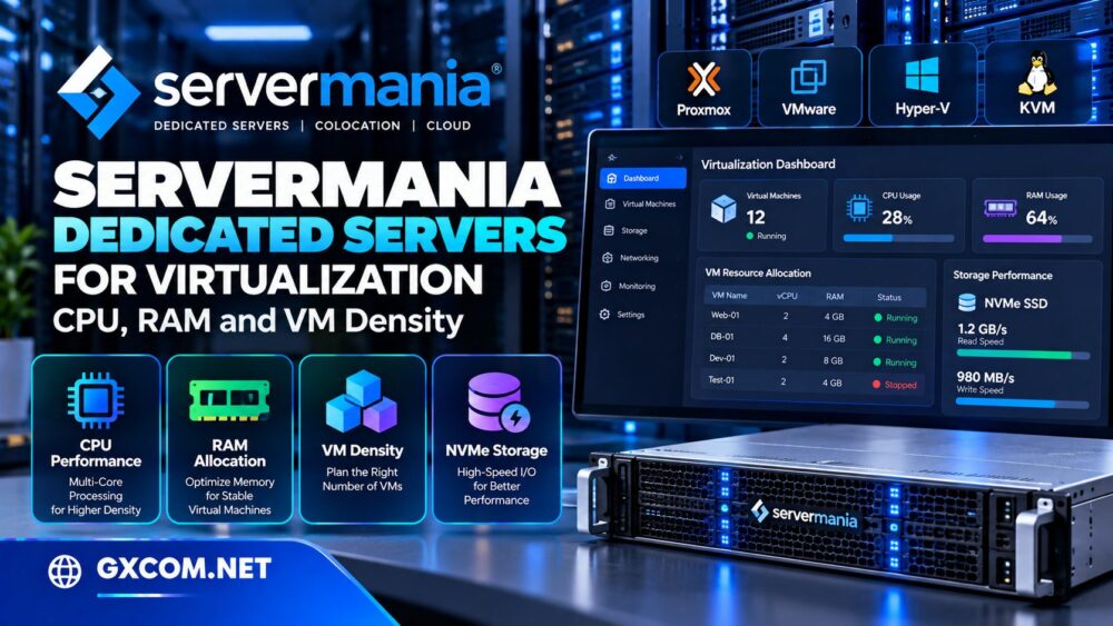 ServerMania 虚拟化专用服务器评测，涵盖 CPU 性能、内存分配、虚拟机密度和 NVMe 存储