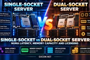 Single-socket vs dual-socket dedicated server comparison showing NUMA latency, memory capacity, virtualization and software licensing costs