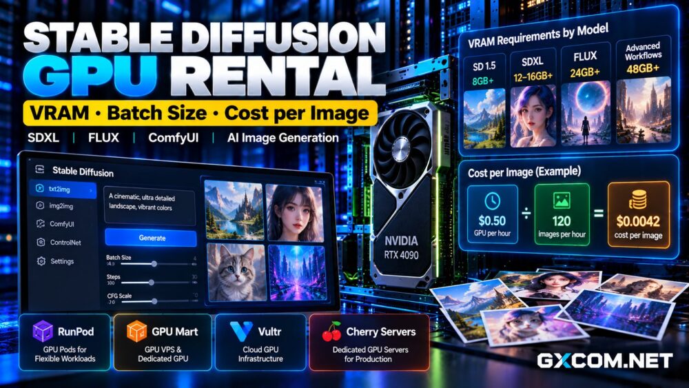 Stable Diffusion 的 GPU 租赁:比较 SDXL 和 FLUX 的 VRAM 需求、批量大小、NVIDIA GPU 托管服务以及每张图像的 AI 图像生成成本