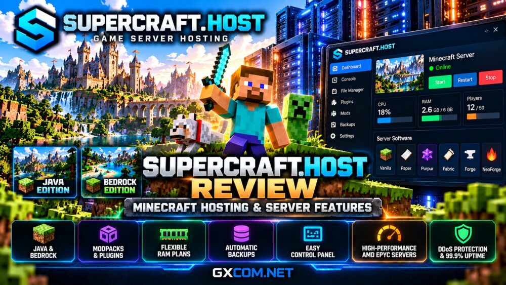 Supercraft.host Minecraft hosting review featuring Java and Bedrock servers, modpacks, RAM plans, backups and control panel