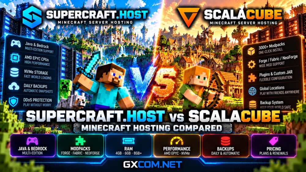 Supercraft.host 与 ScalaCube 《我的世界》主机对比评测：涵盖 Java 服务器、Forge、Fabric、内存套餐、模组包及定价