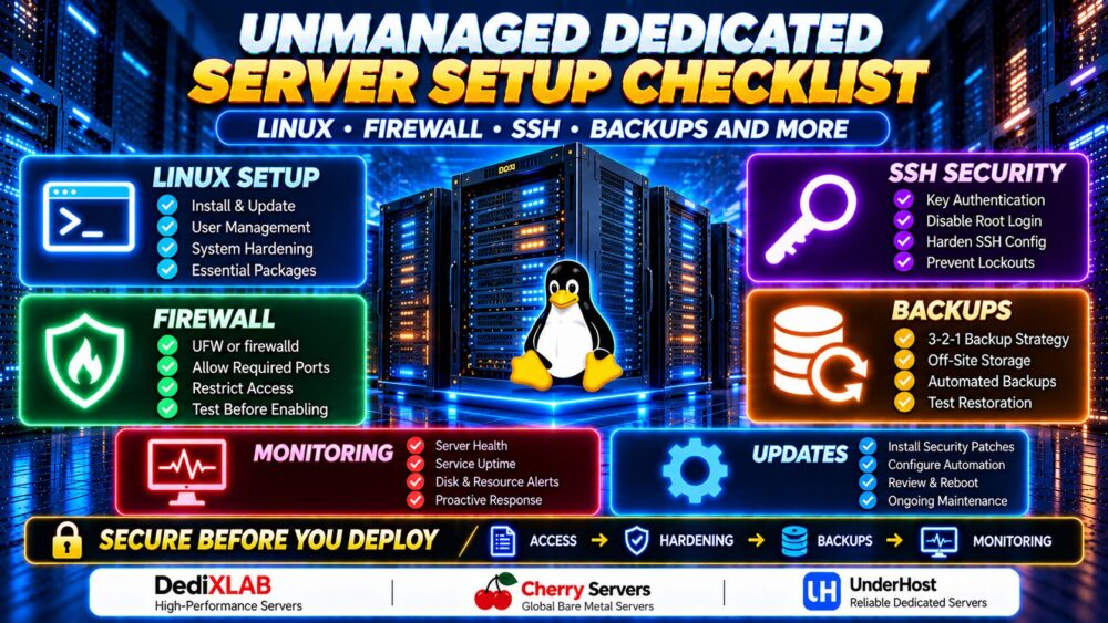 Unmanaged Dedicated Server Setup Checklist for Linux SSH Firewall Backups and Monitoring