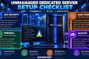 非托管专用服务器配置检查清单，涵盖SSH安全、Linux防火墙、RAID存储、异地备份和监控