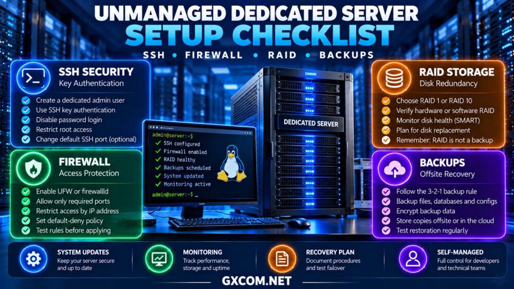 非托管专用服务器配置检查清单，涵盖SSH安全、Linux防火墙、RAID存储、异地备份和监控