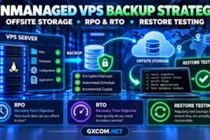 Unmanaged VPS backup strategy showing offsite storage, encrypted backups, RPO, RTO and restore testing
